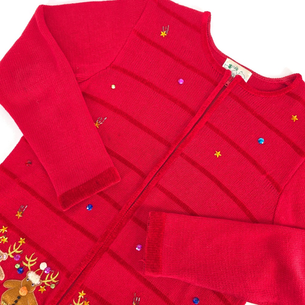 Quacker Factory Christmas Sweater Women's Medium Red Zip‑Up Embellished Reindeer